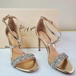 Badgley Mischka Womens Gold Jeweled NANNA Ankle Strap Open Toe Pumps NIB